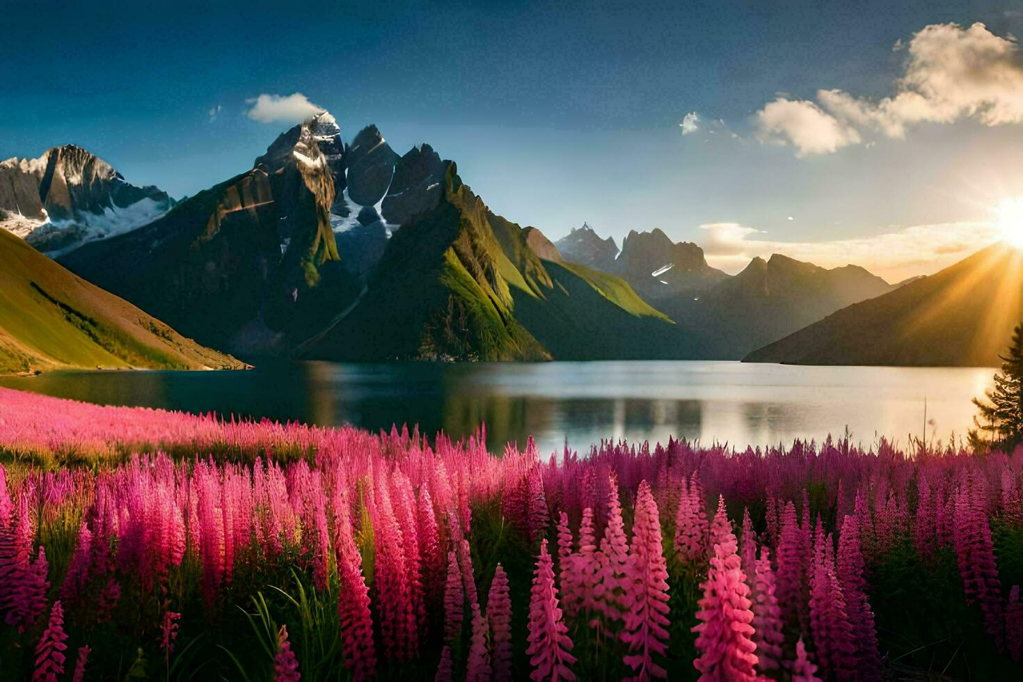 the sun shines on the mountains and the lupine flowers. AI-Generated photo