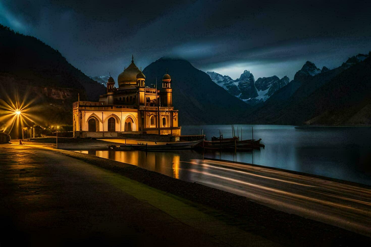 a mosque in the mountains at night. AI-Generated photo