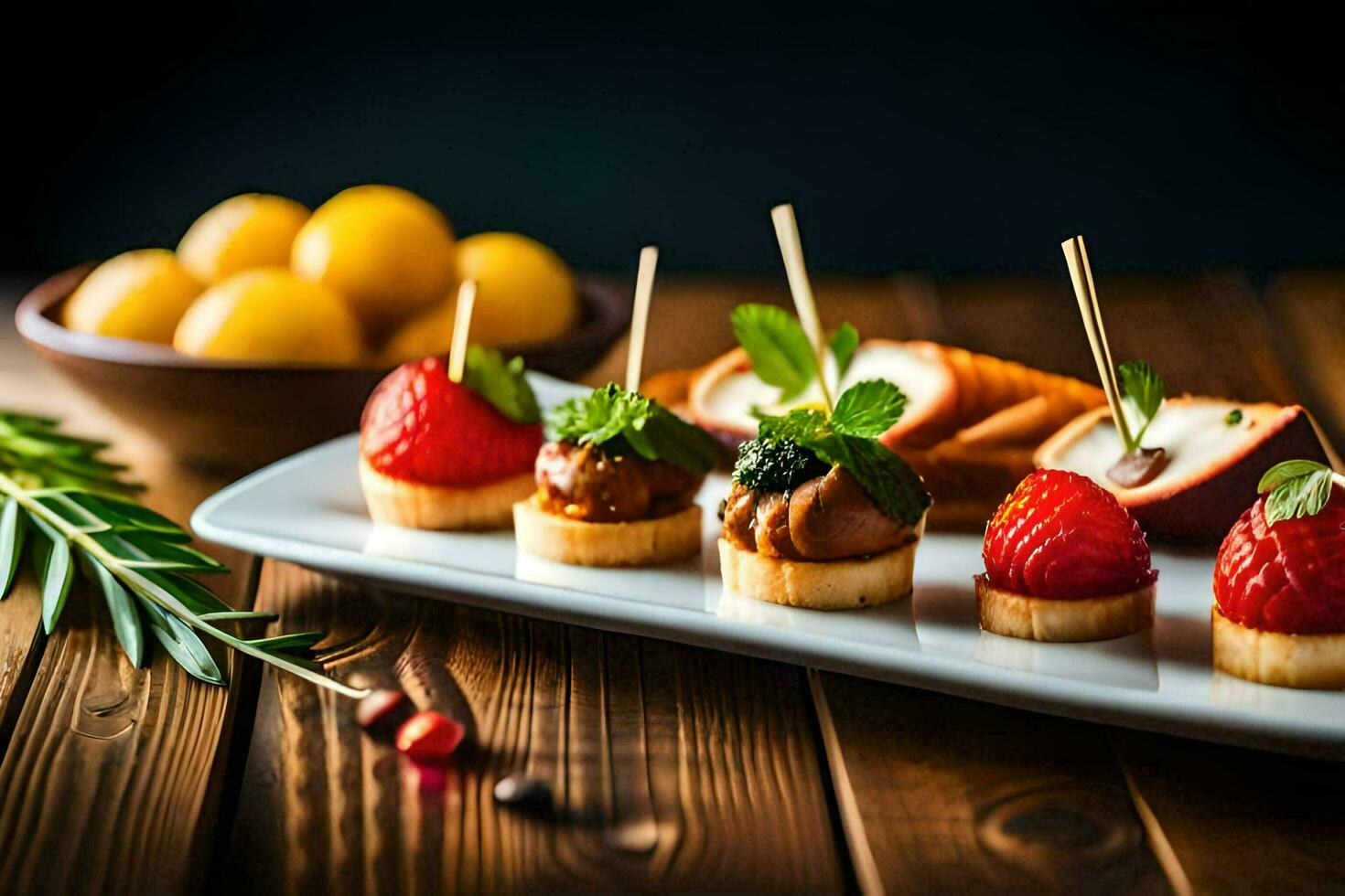 a platter of appetizers with strawberries and other fruits. AI-Generated photo