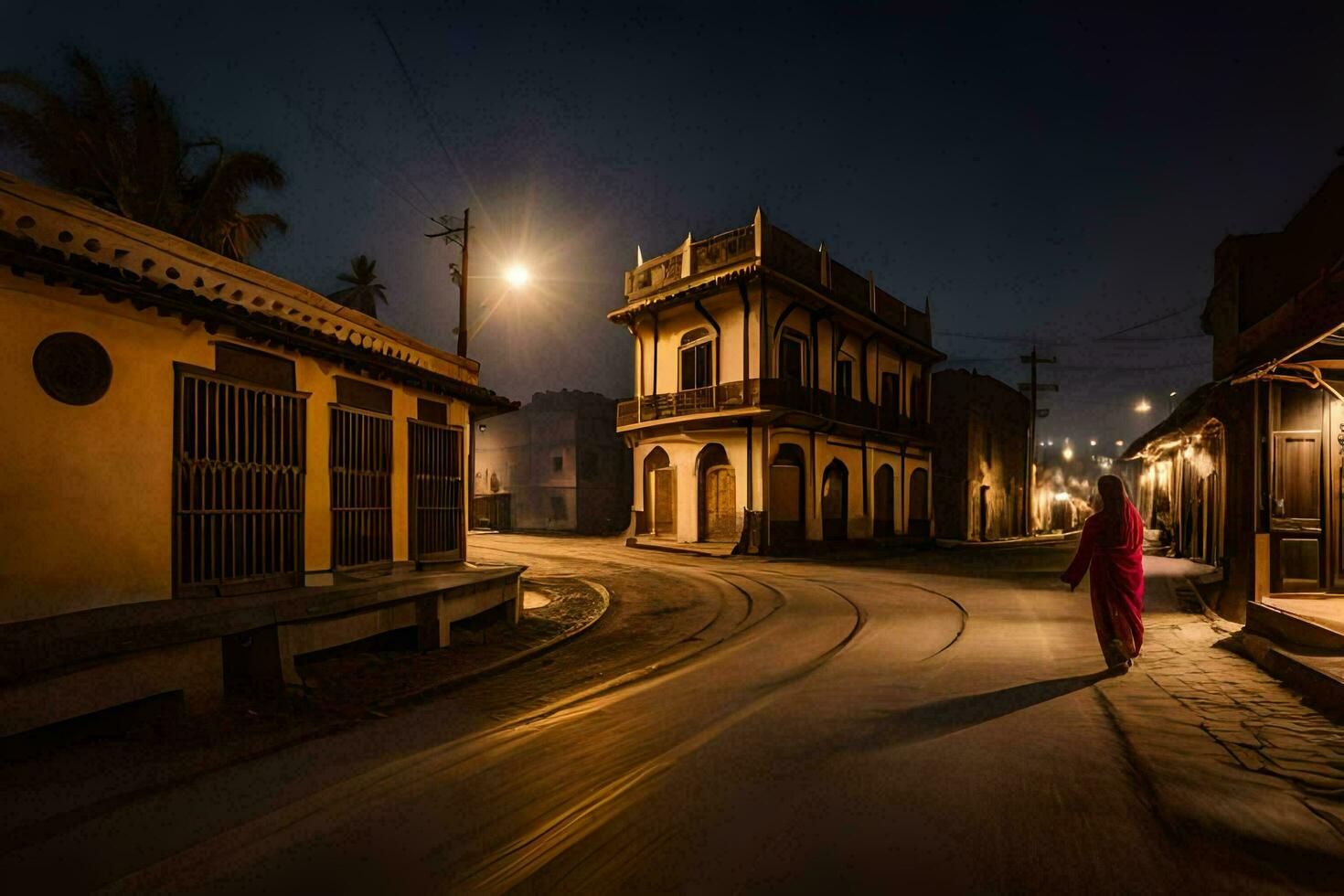 a woman walks down the street at night in india. AI-Generated photo