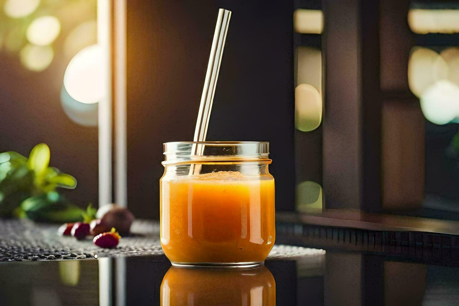 a glass of orange juice with a straw. AI-Generated photo