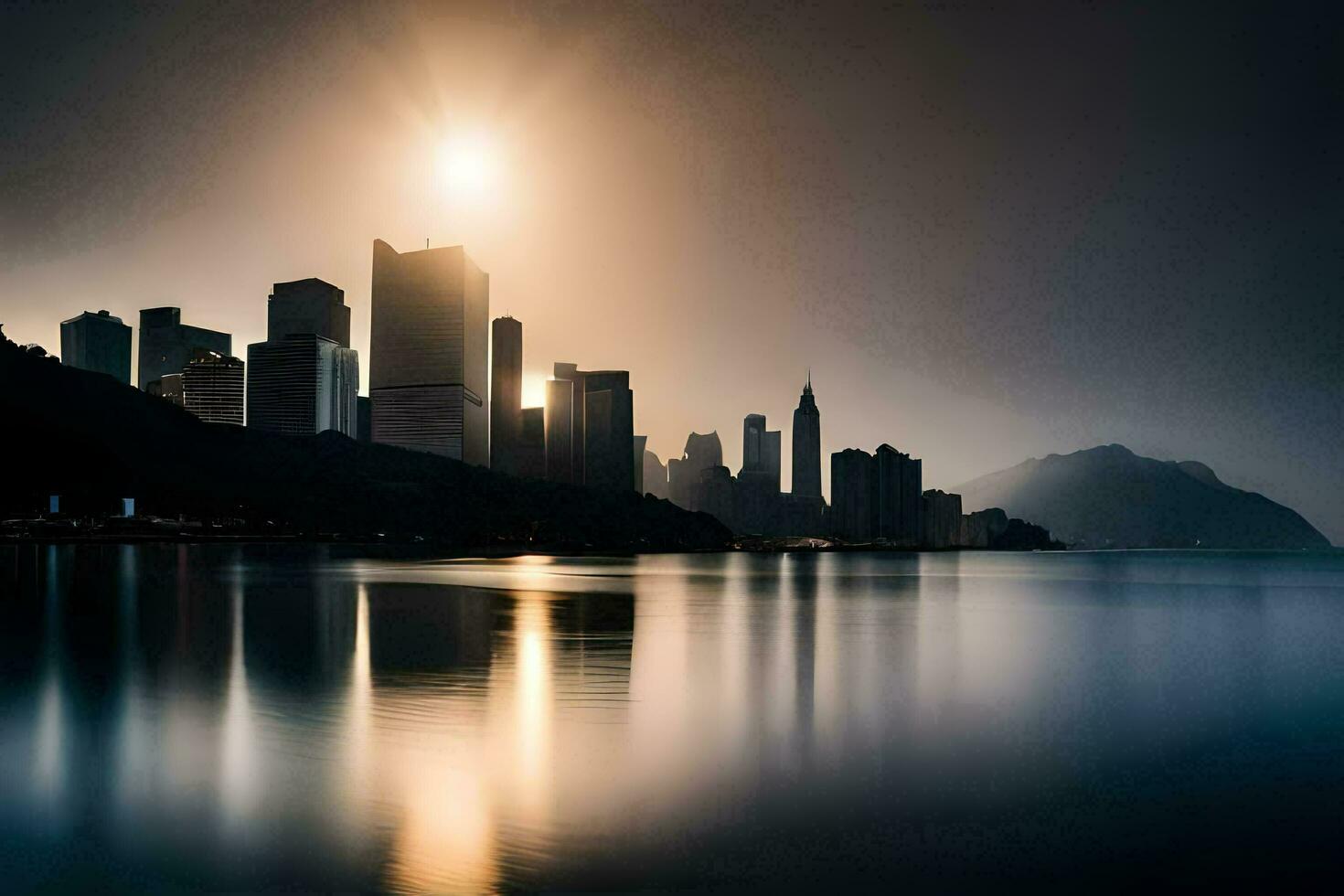 the city skyline is reflected in the water. AI-Generated photo