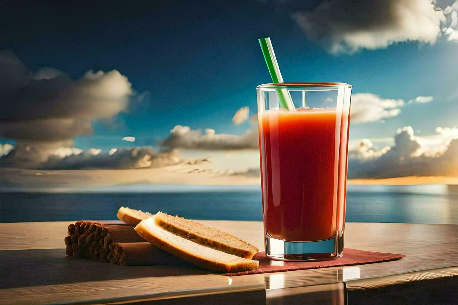 the juice is served in a glass with a straw and a slice of bread on the table. AI-Generated photo