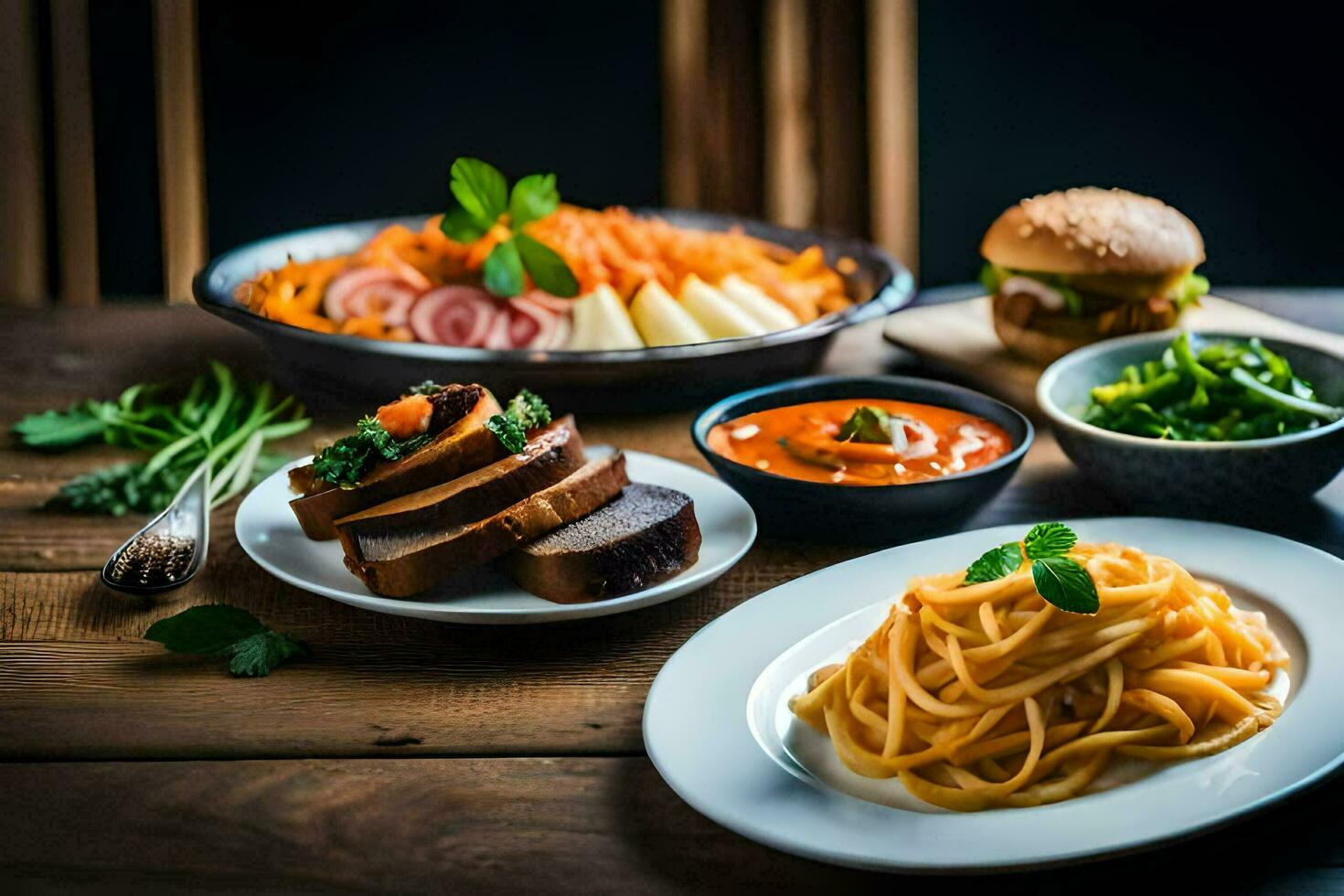 a table with plates of food and a plate of spaghetti. AI-Generated photo