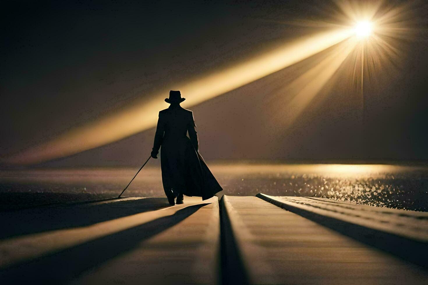 a man in a hat and coat walking on a pier at night. AI-Generated photo