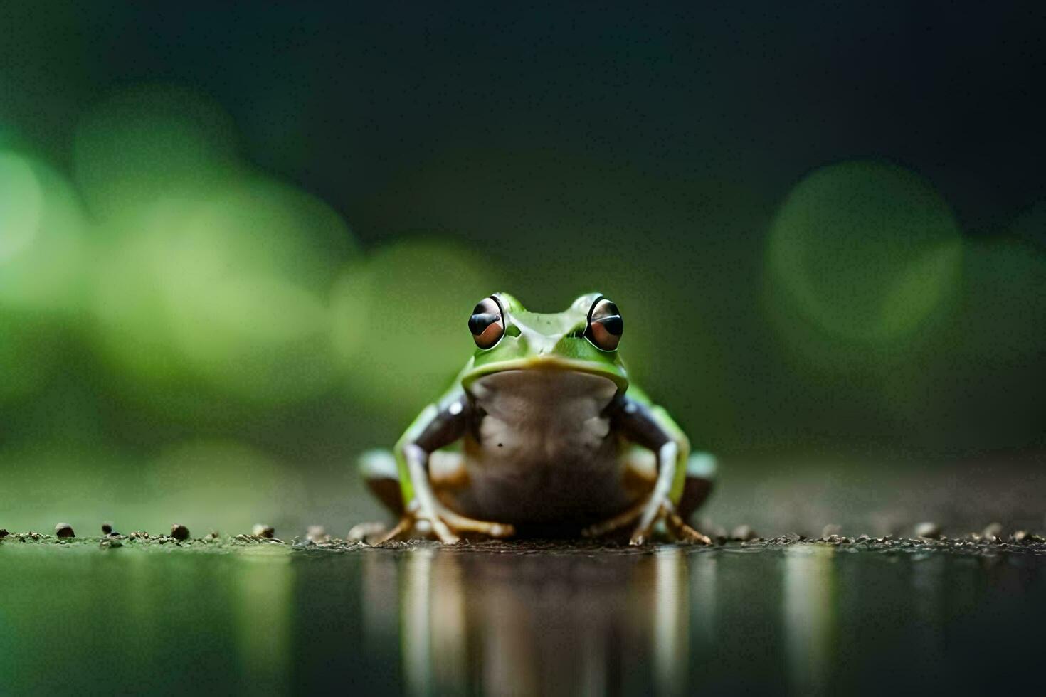 a frog sitting on the ground with a green background. AI-Generated photo