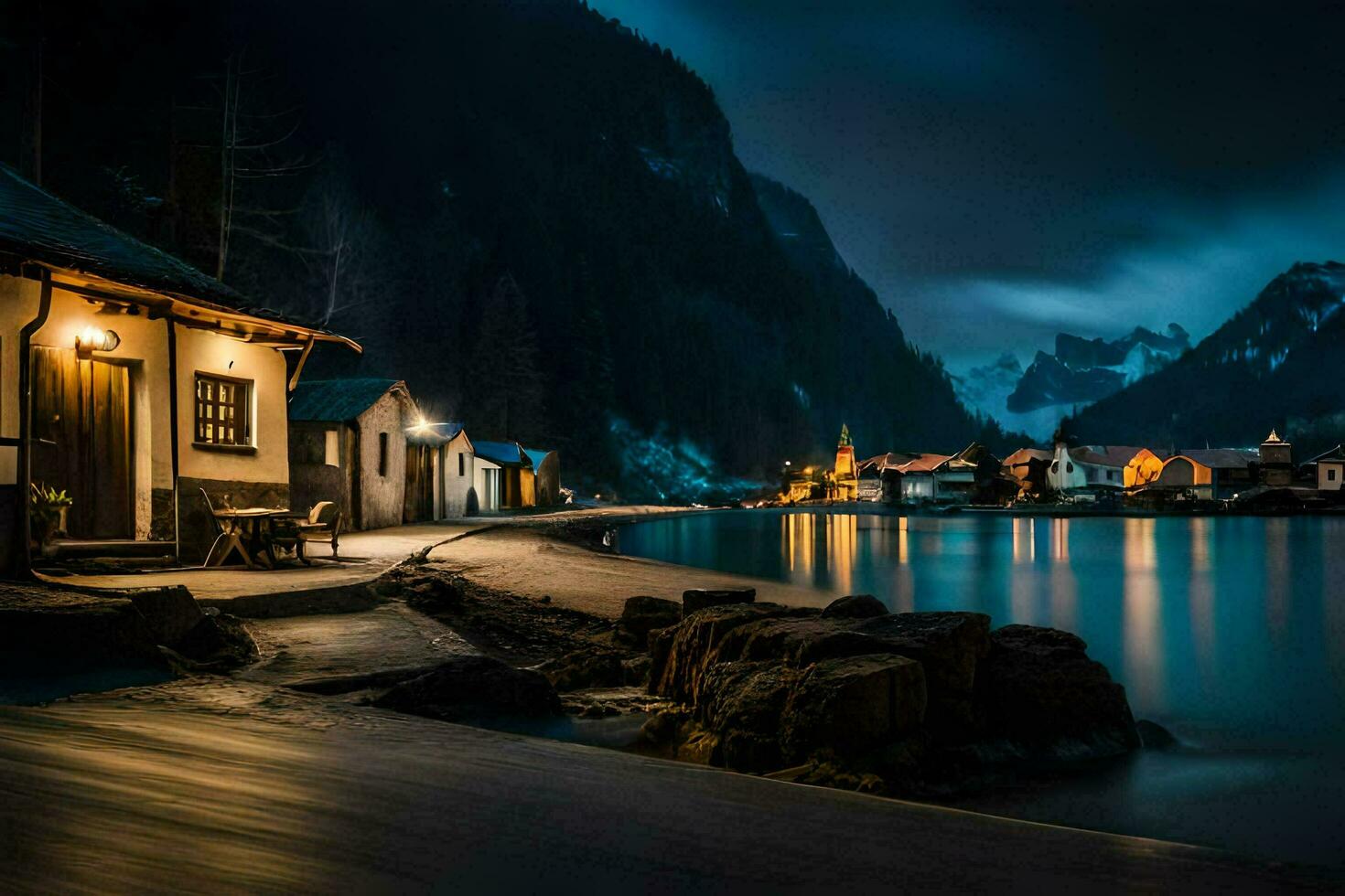 foto fondo de pantalla el noche, montañas, lago, casa, casa, el noche, el montañas,. generado por ai