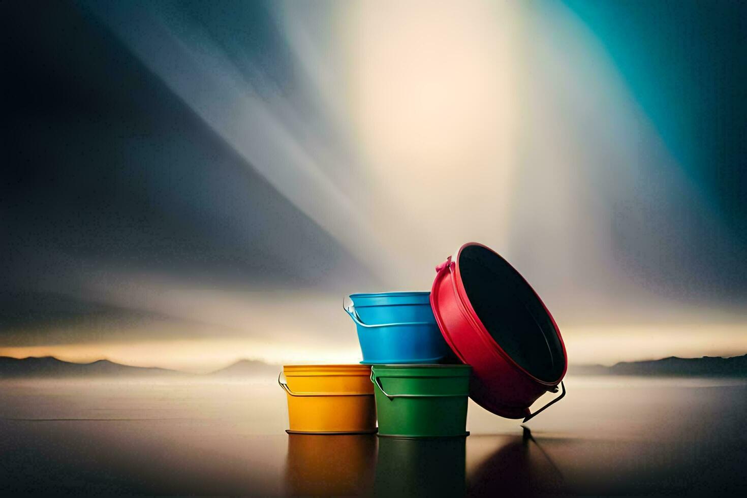 colorful buckets on a table with a light shining in the background. AI-Generated photo