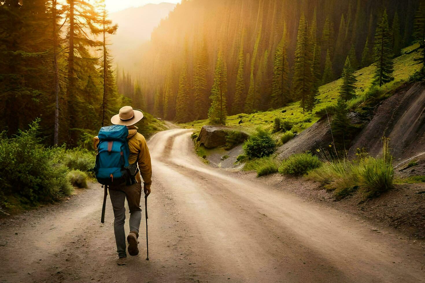 a man with a backpack walking down a dirt road. AI-Generated photo