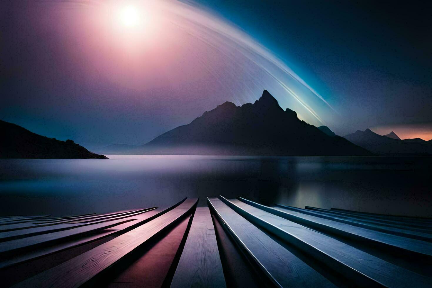 a lake and mountains in the background. AI-Generated photo