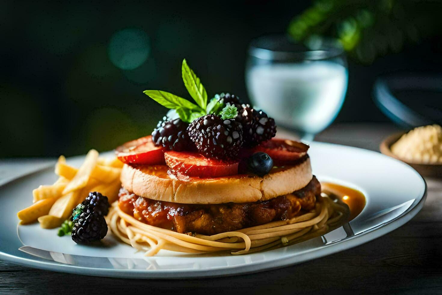 the food is served on a plate with berries and a fork. AI-Generated photo