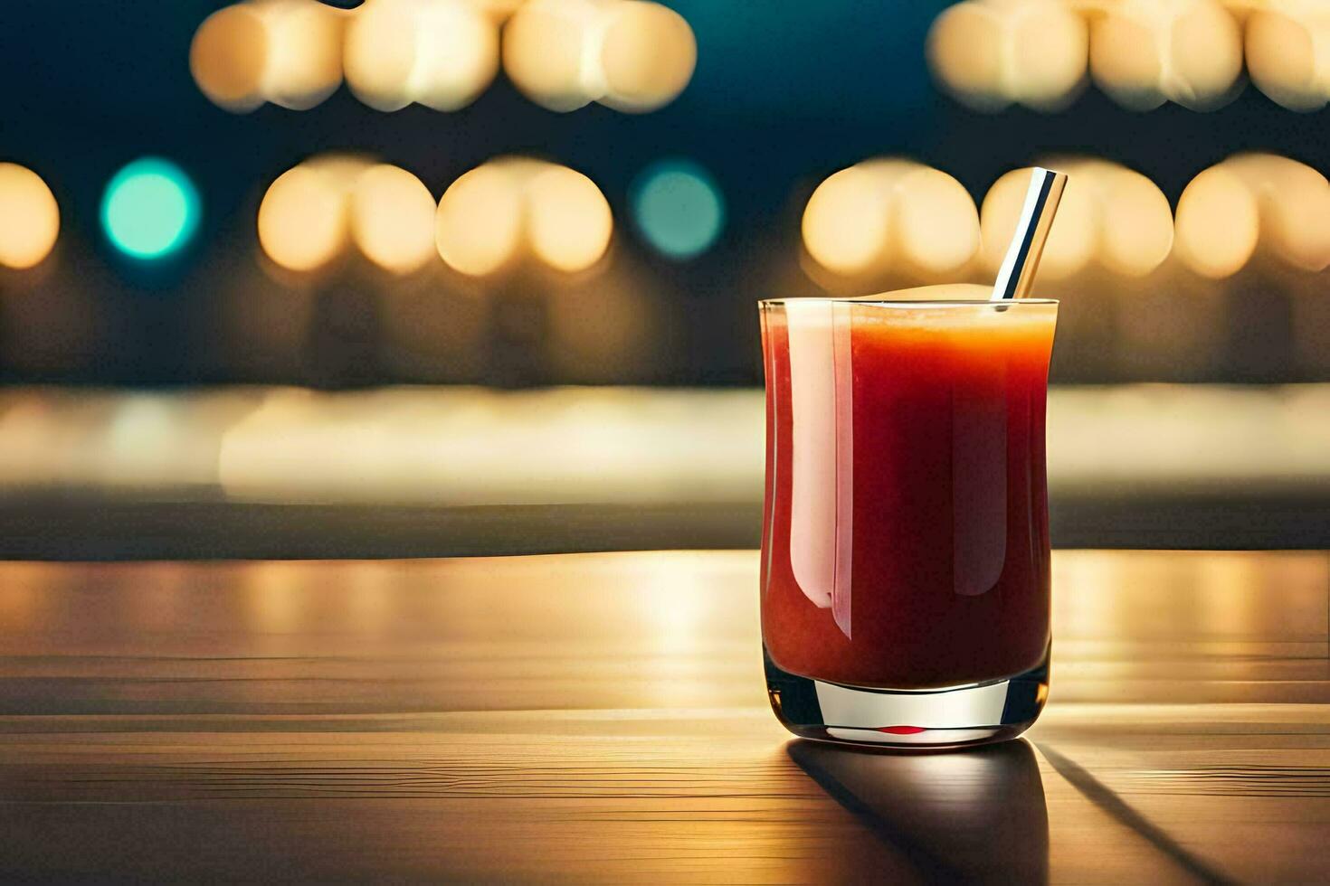 a glass of red liquid sitting on a table. AI-Generated photo