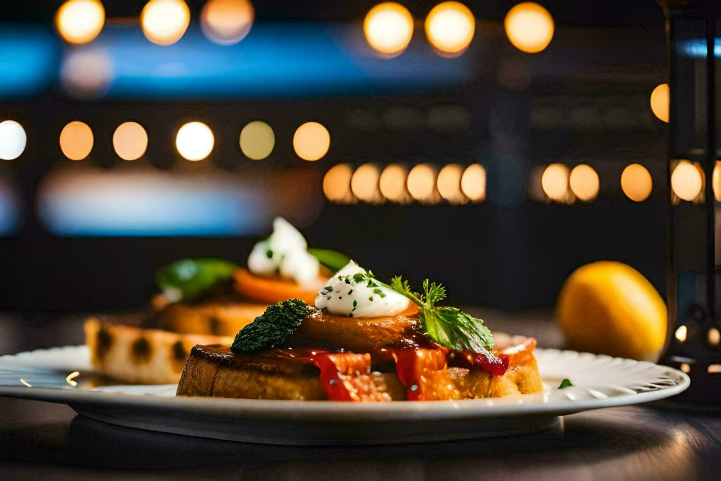 a plate with food on it and candles in the background. AI-Generated photo