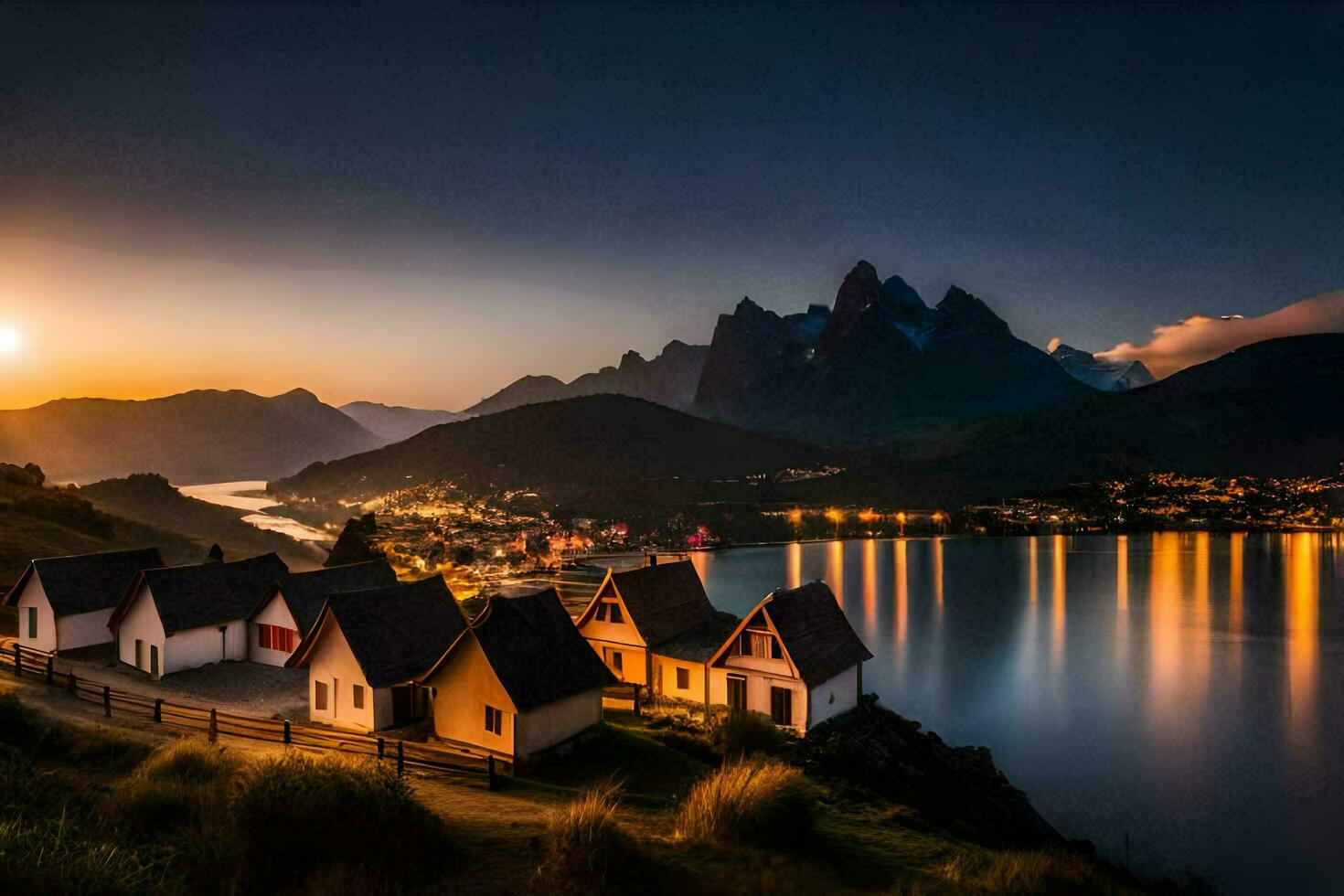 el pueblo de lagoa a puesta de sol. generado por ai foto