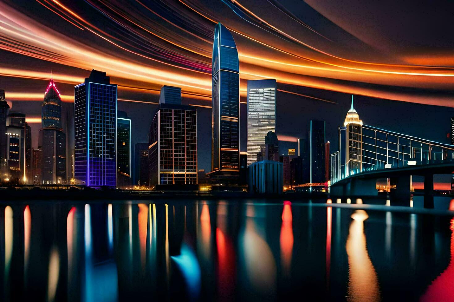a city skyline at night with lights and long exposure. AI-Generated photo