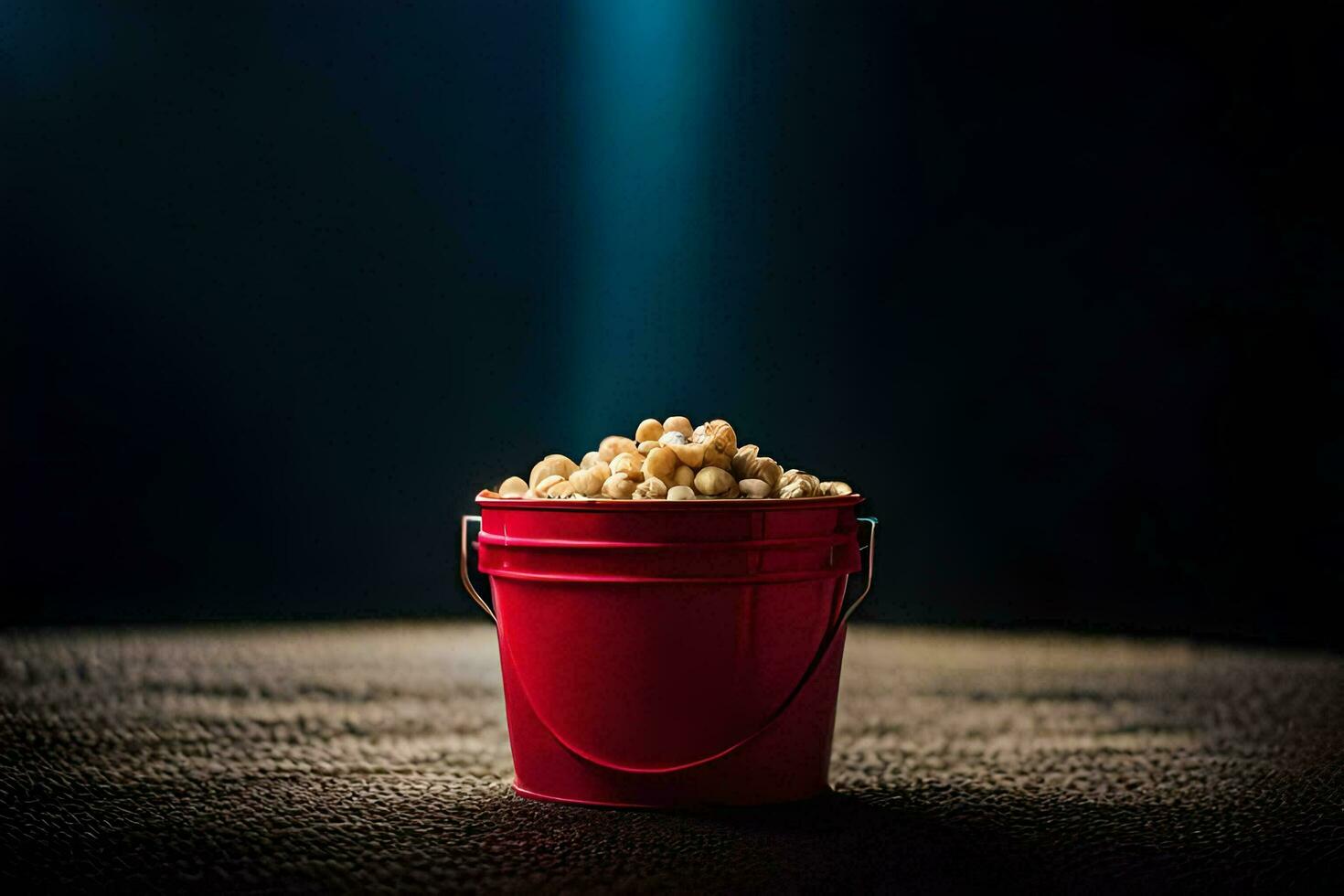 a red bucket filled with popcorn on a dark background. AI-Generated photo