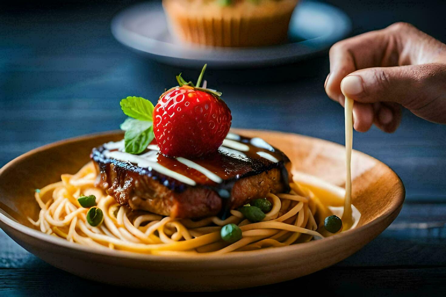 a plate of spaghetti with a strawberry on top. AI-Generated photo