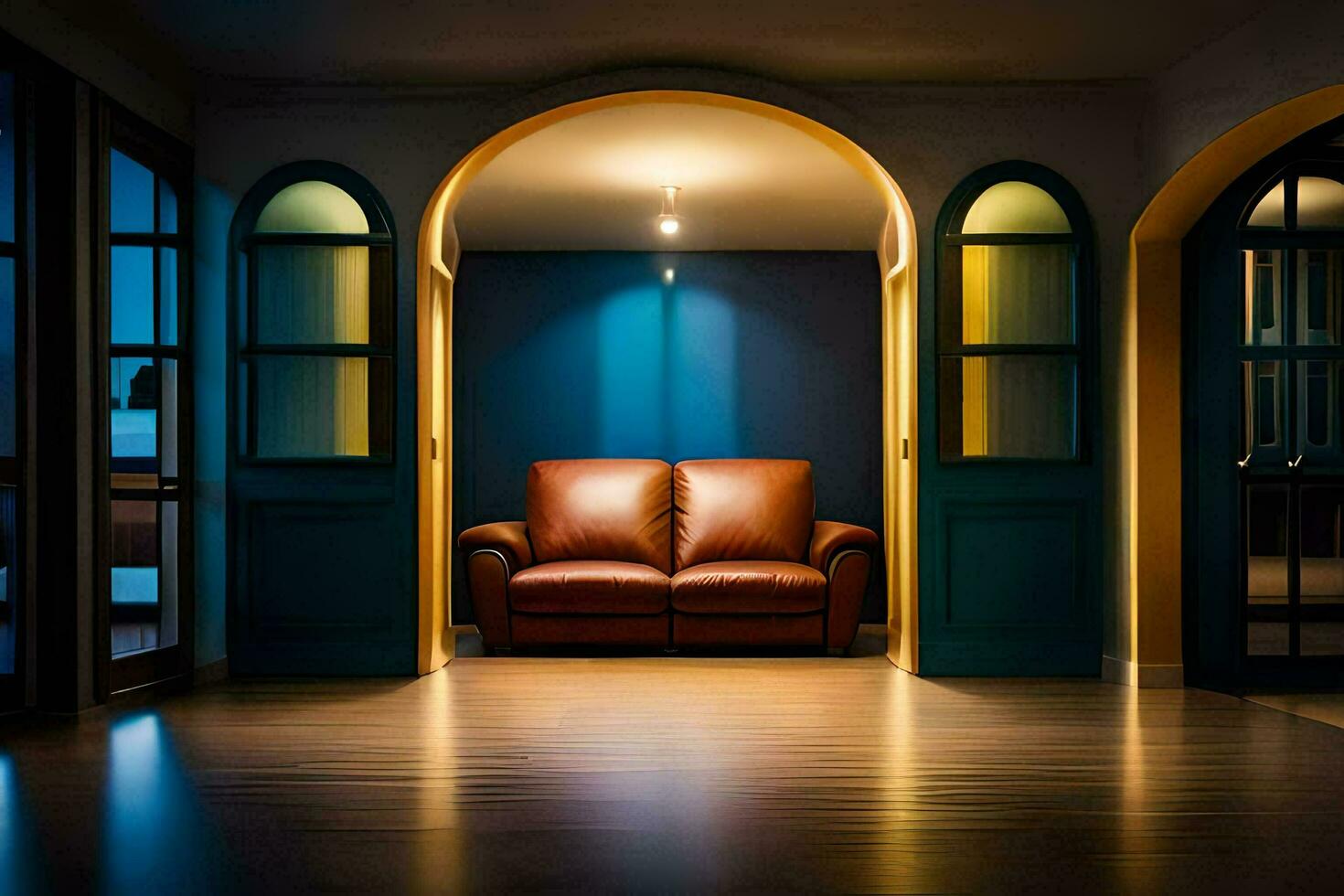 a room with a couch and blue walls. AI-Generated photo