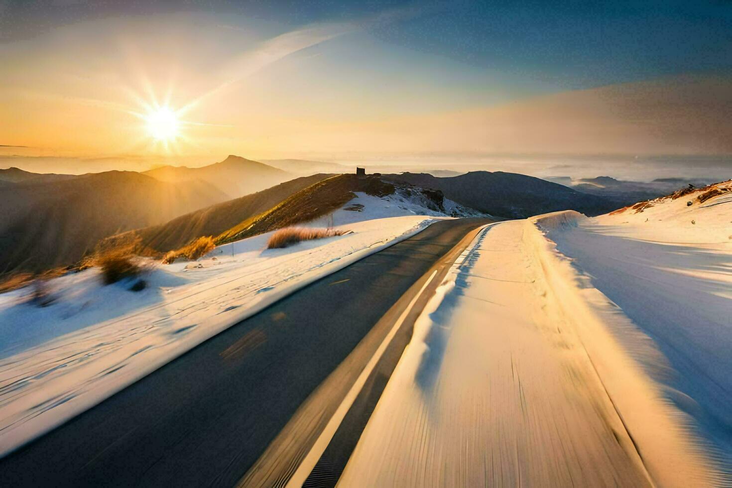 a road in the mountains with snow on the ground. AI-Generated photo