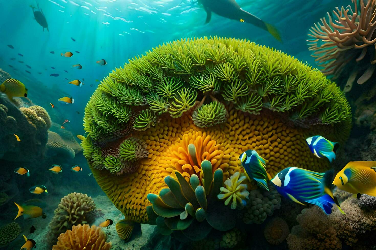 an underwater scene with colorful fish and coral. AI-Generated photo
