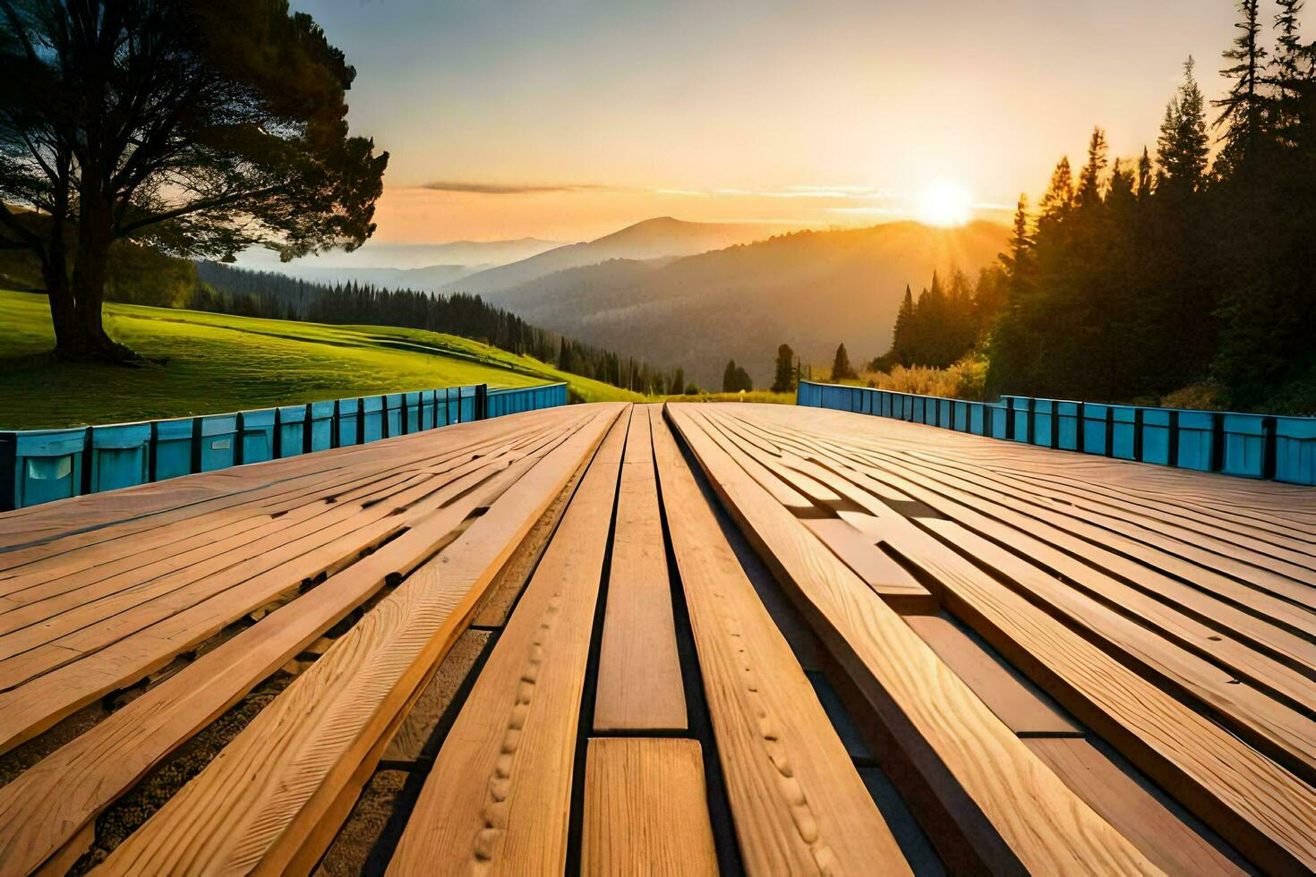 wooden bridge over a mountain at sunset. AI-Generated photo