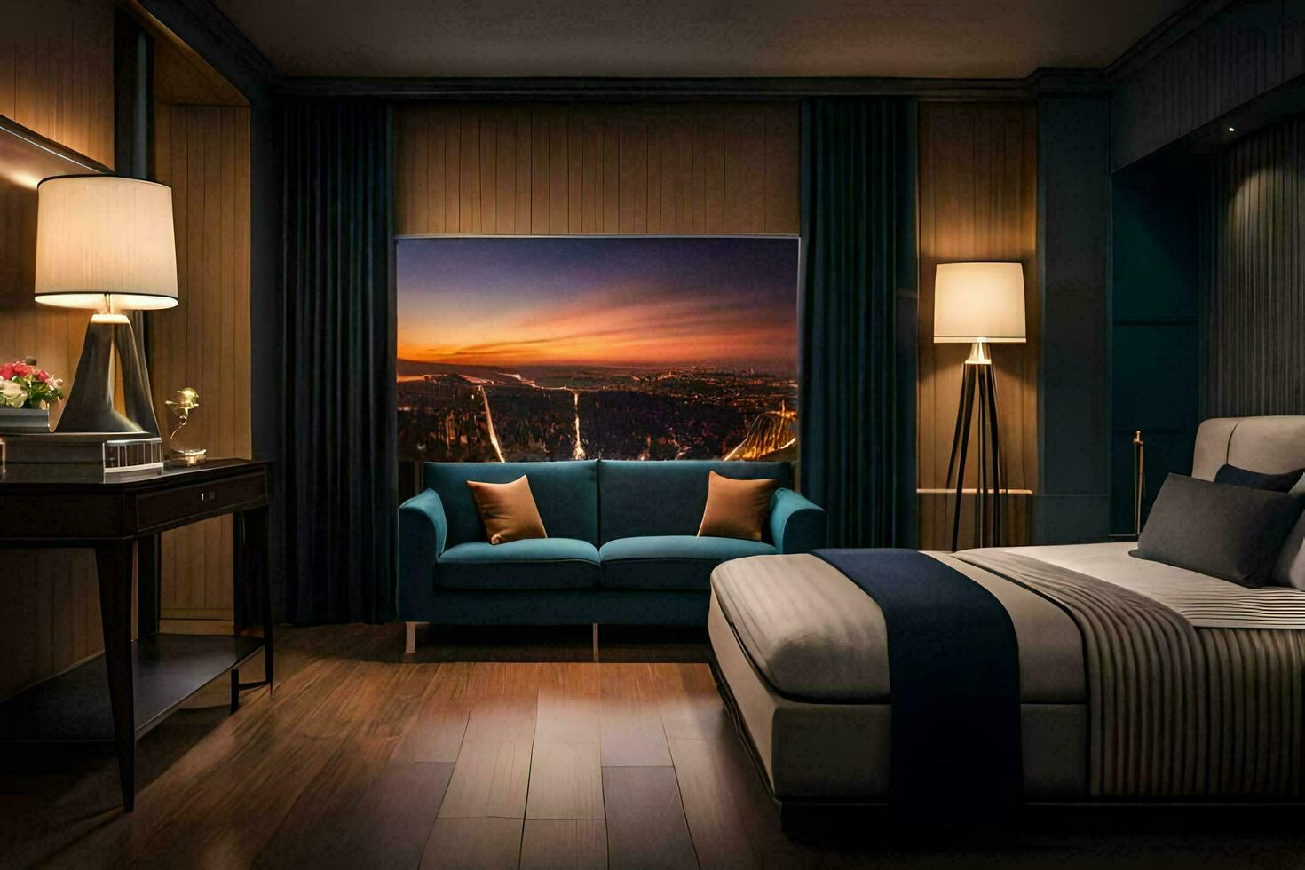 a hotel room with a view of the city. AI-Generated photo