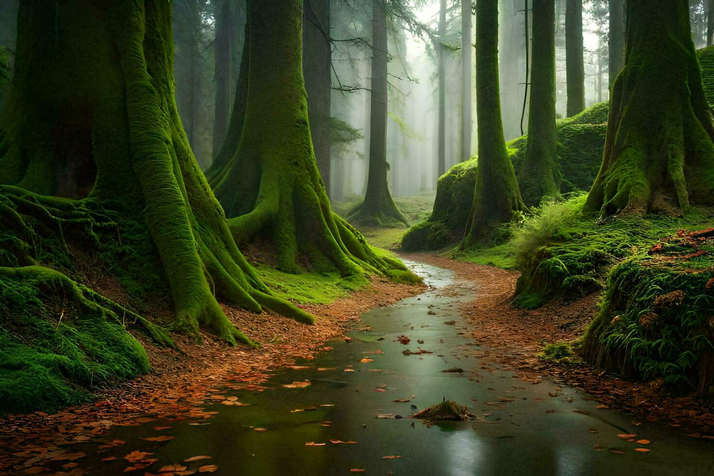 a stream runs through a forest with green trees. AI-Generated photo