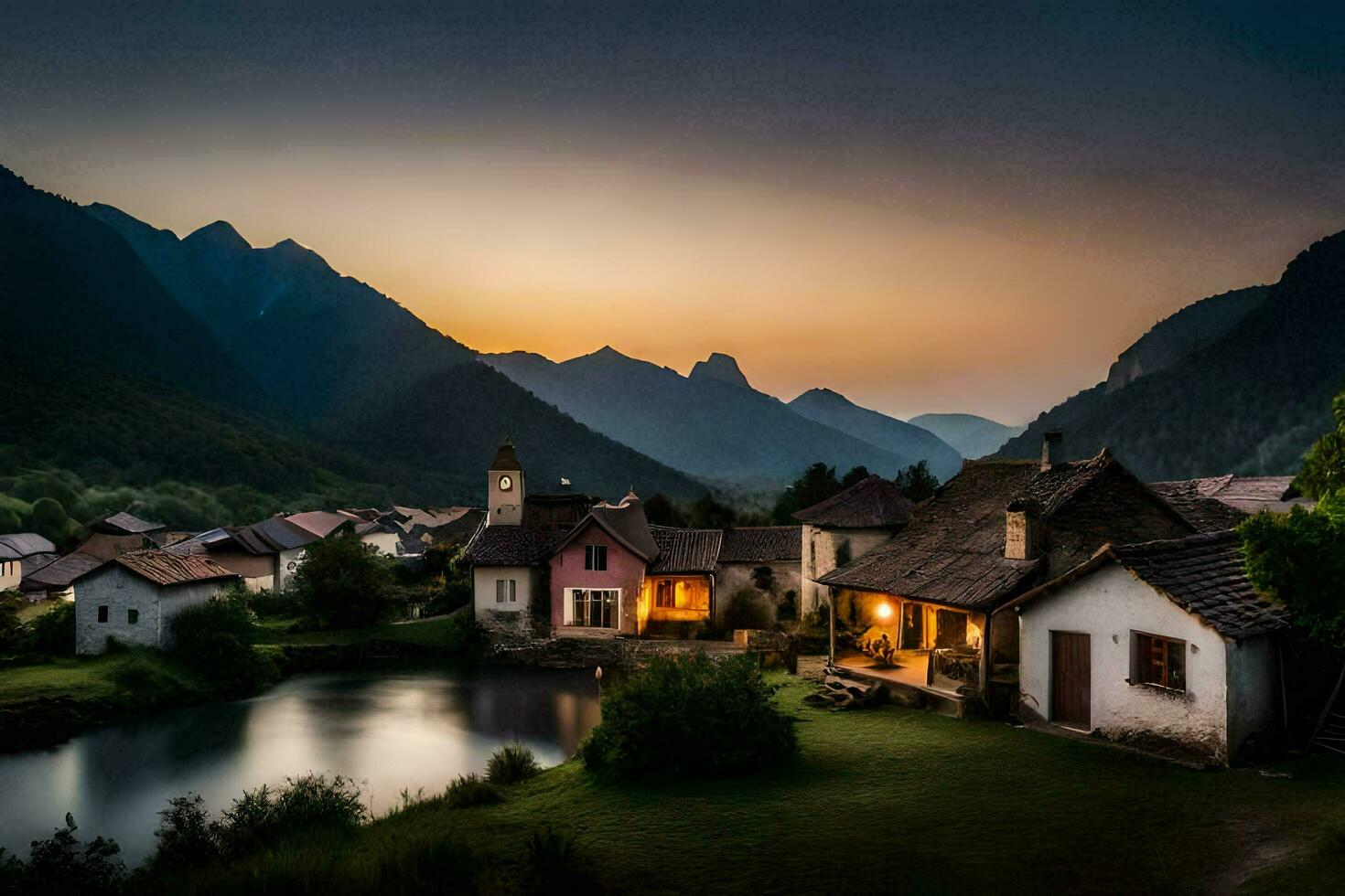 photo wallpaper the sky, mountains, water, the village, sunset, the village, the village. AI-Generated