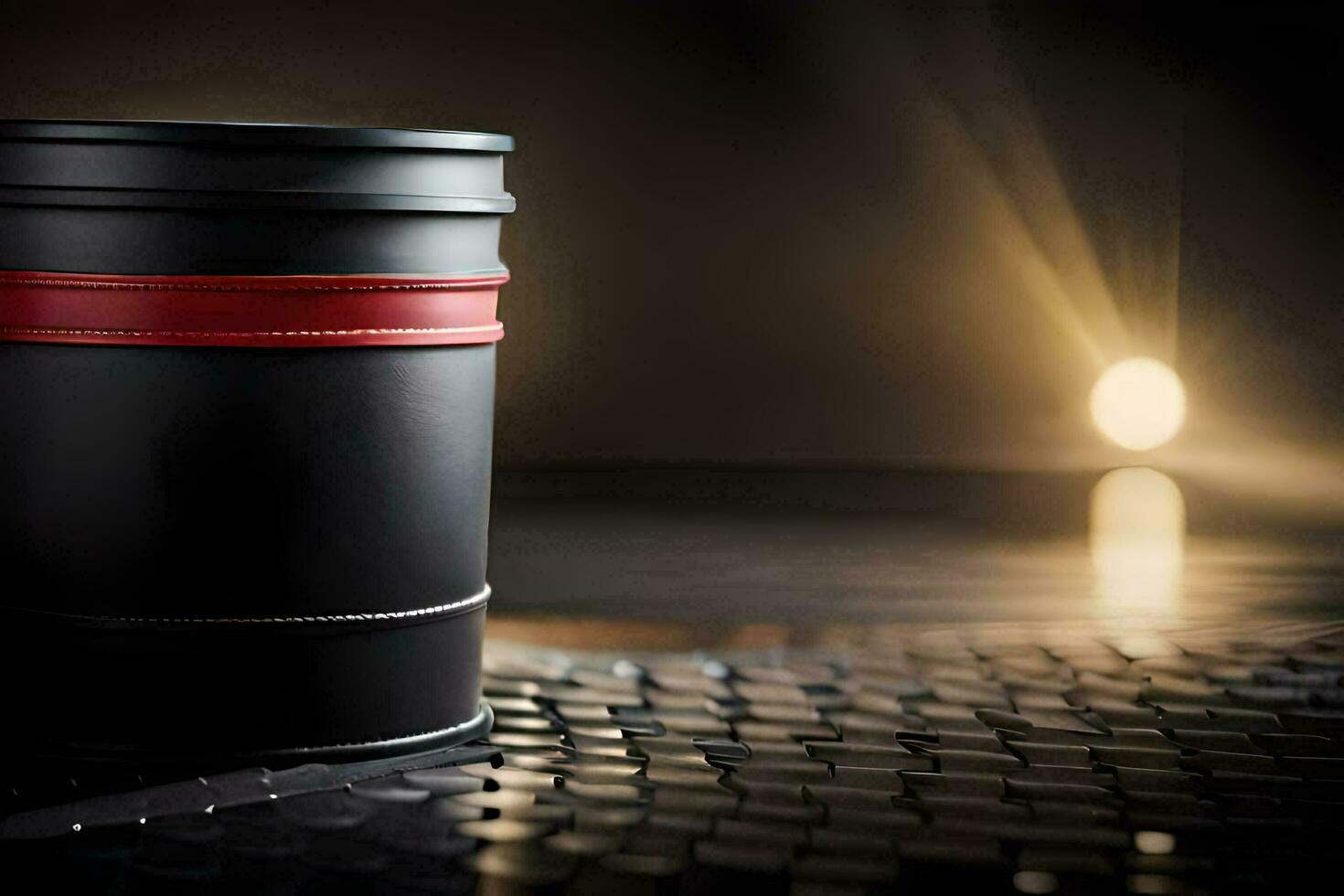 a black and red metal can sitting on a table. AI-Generated photo