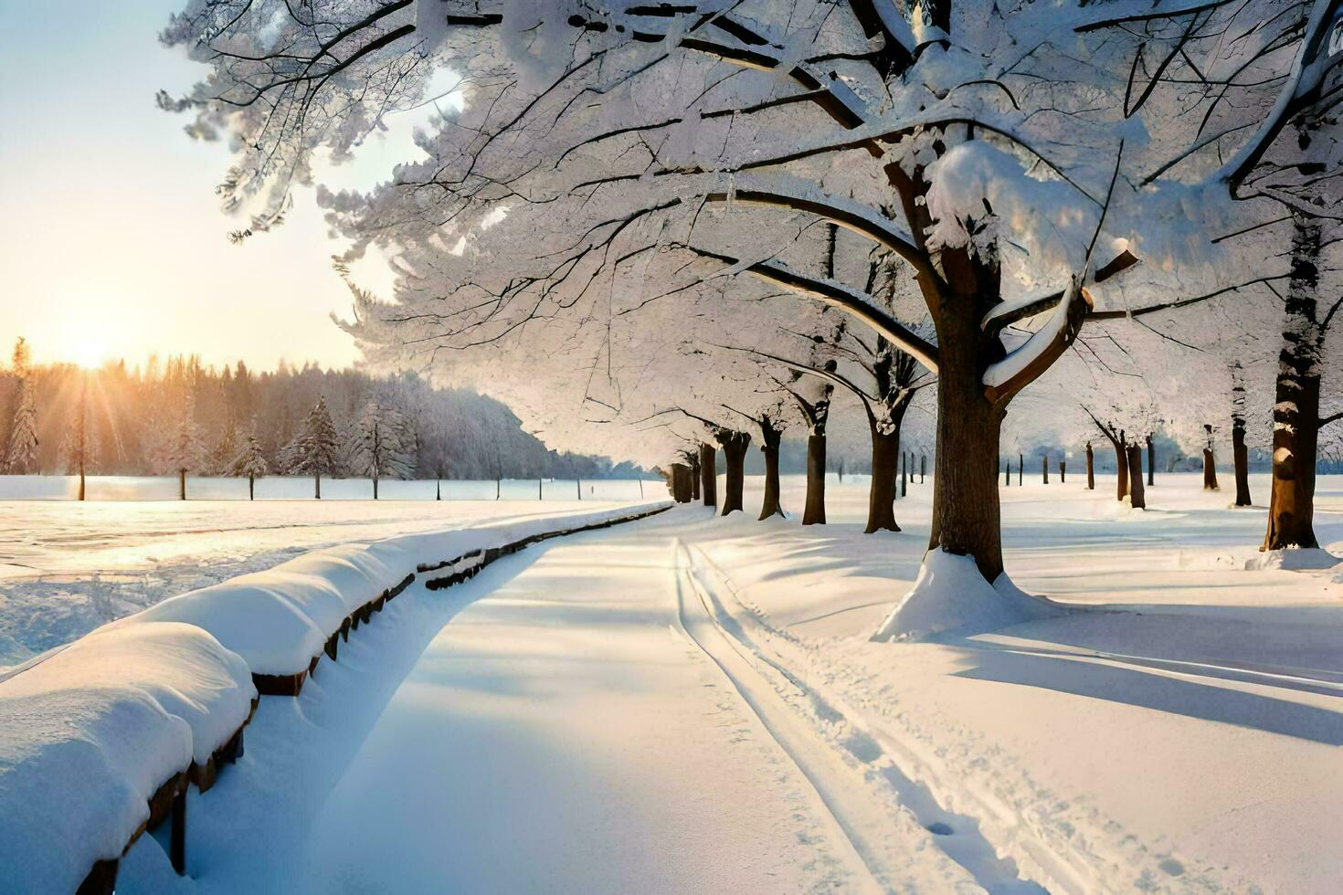 a snowy road lined with trees and snow. AI-Generated photo