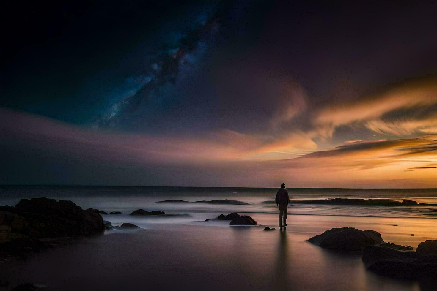 a man standing on rocks at the beach at sunset. AI-Generated photo