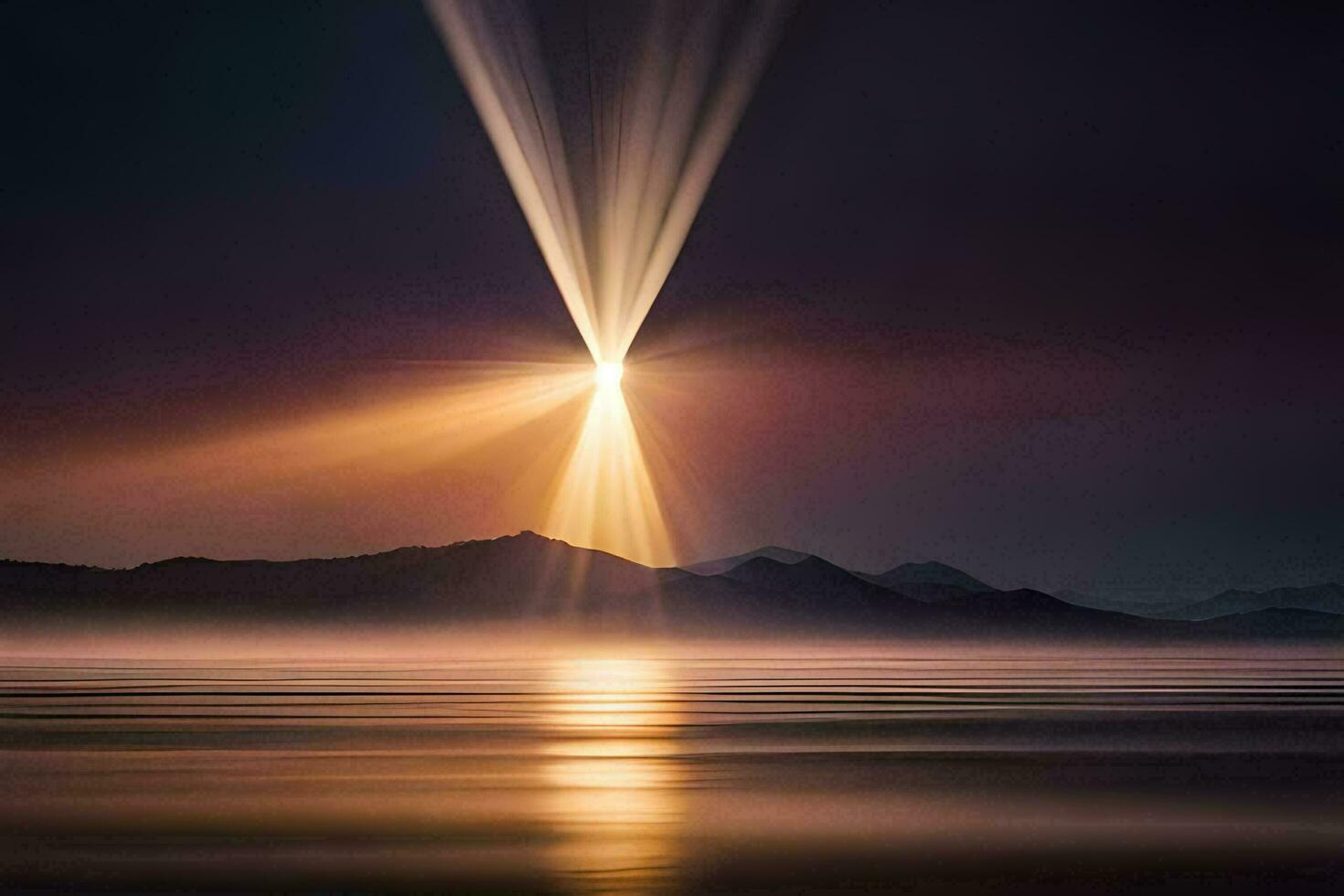 the sun shines over a mountain and a lake. AI-Generated photo