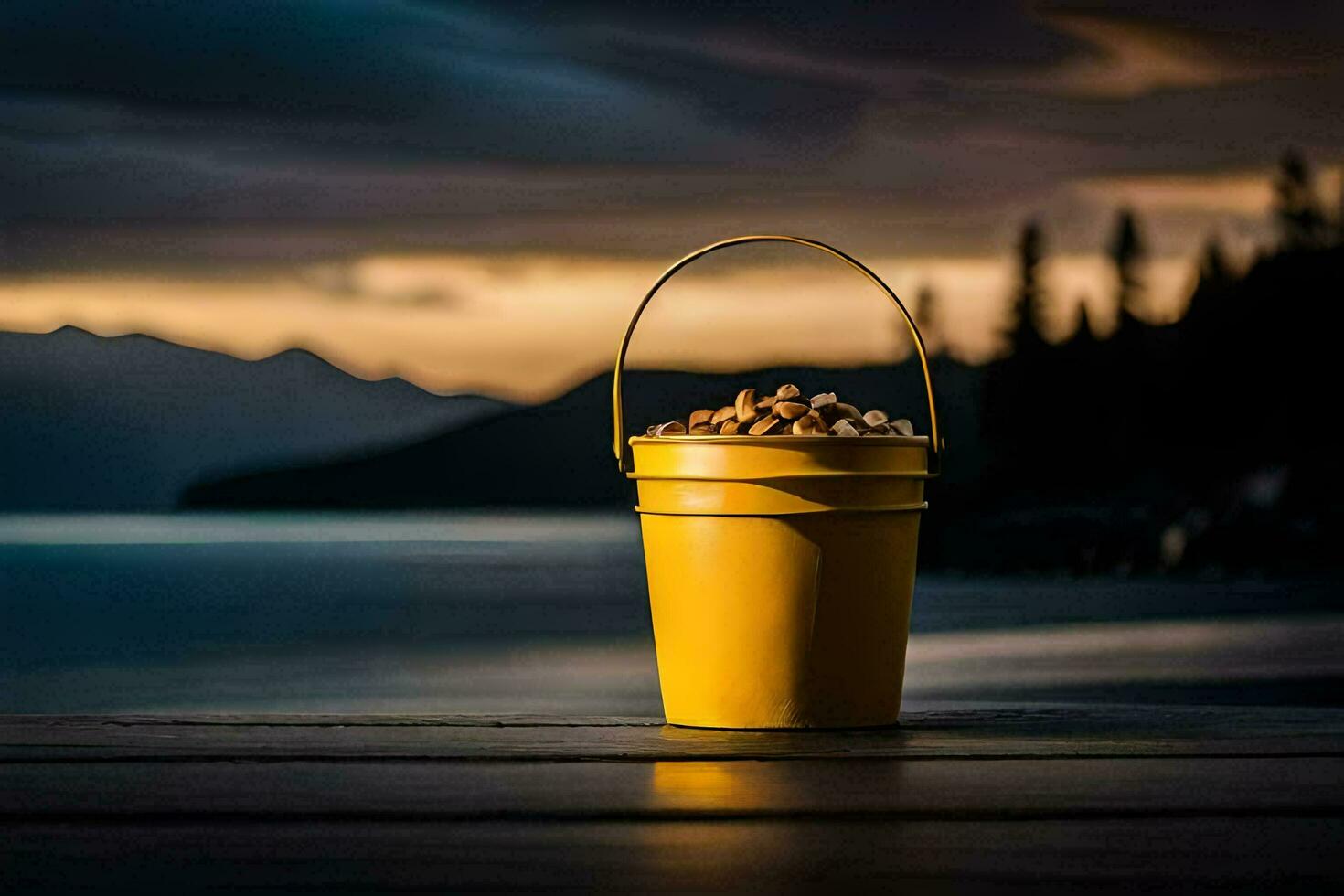 a bucket of nuts on a wooden table in front of a lake. AI-Generated photo