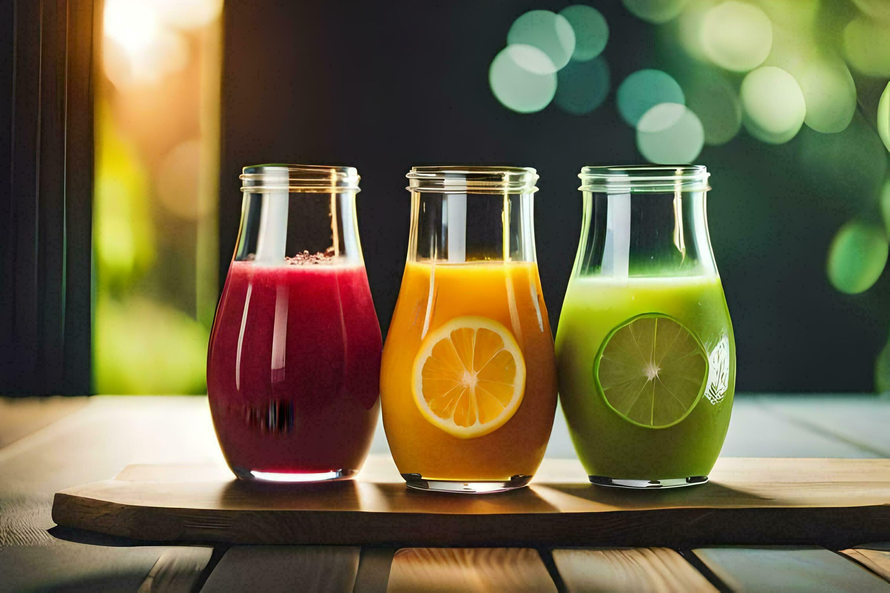 three different types of juice in glass bottles. AIGenerated 34294269