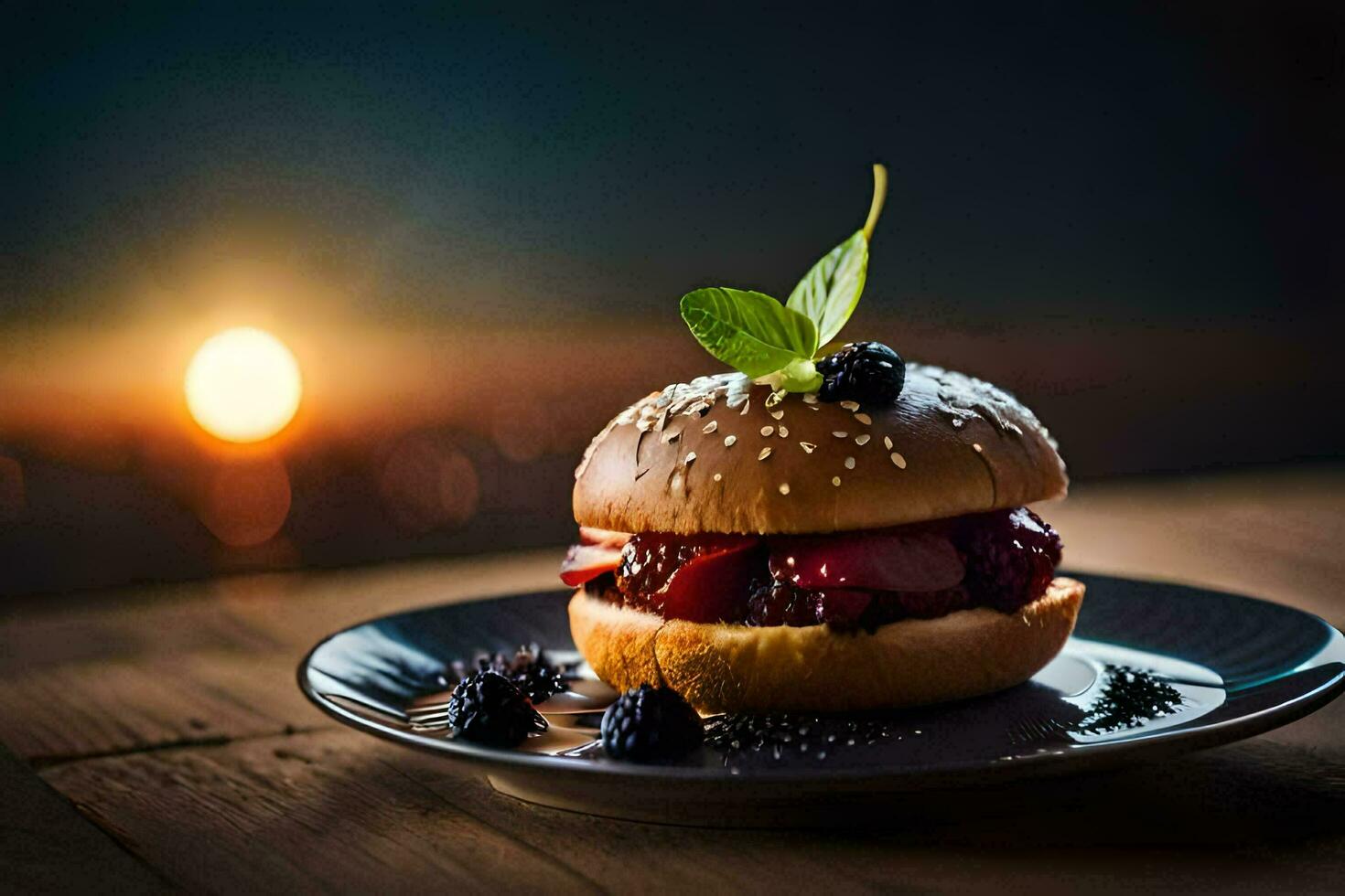 un hamburguesa con bayas y un puesta de sol en el antecedentes. generado por ai foto