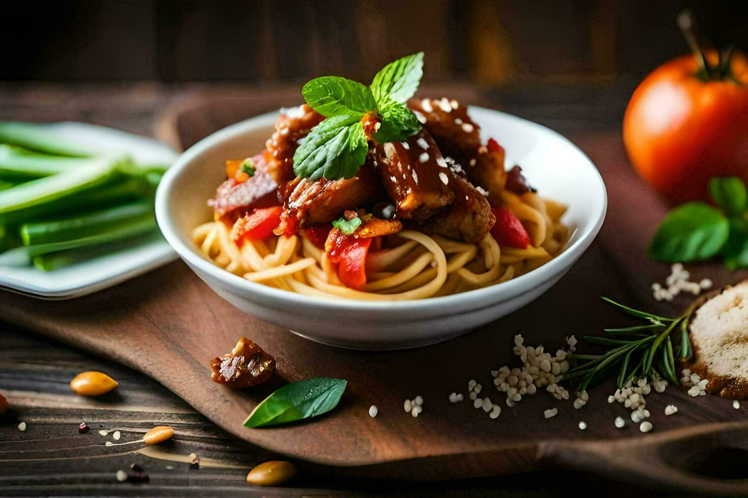 spaghetti with meat and vegetables in a bowl. AI-Generated photo