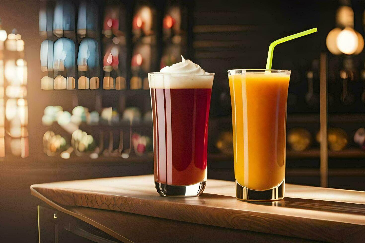 two glasses of orange juice and a drink on a bar. AI-Generated photo