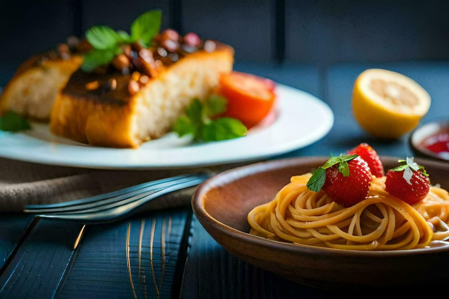 pasta with strawberries and lemon on a wooden table. AI-Generated photo