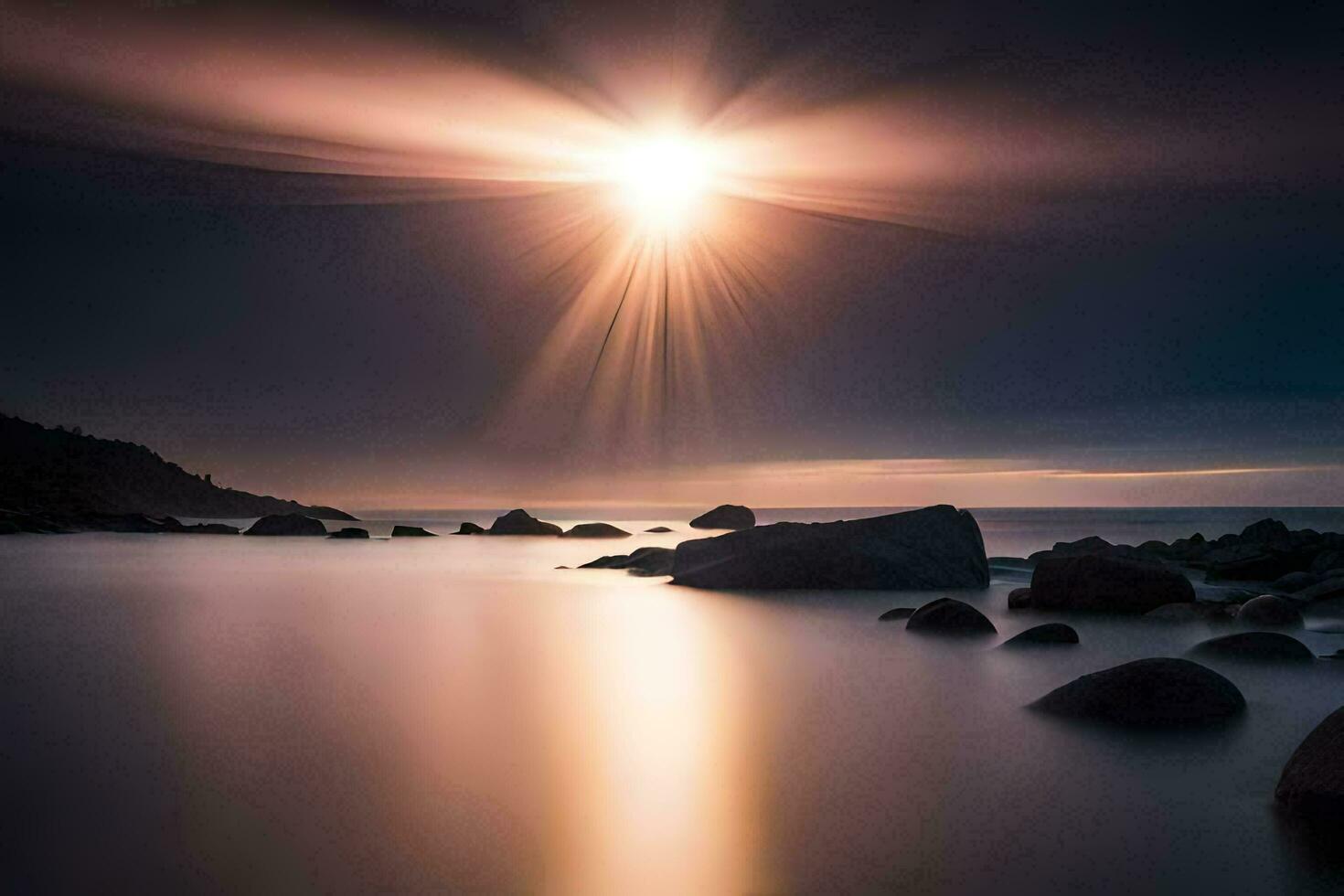 the sun shines over the ocean and rocks. AI-Generated photo
