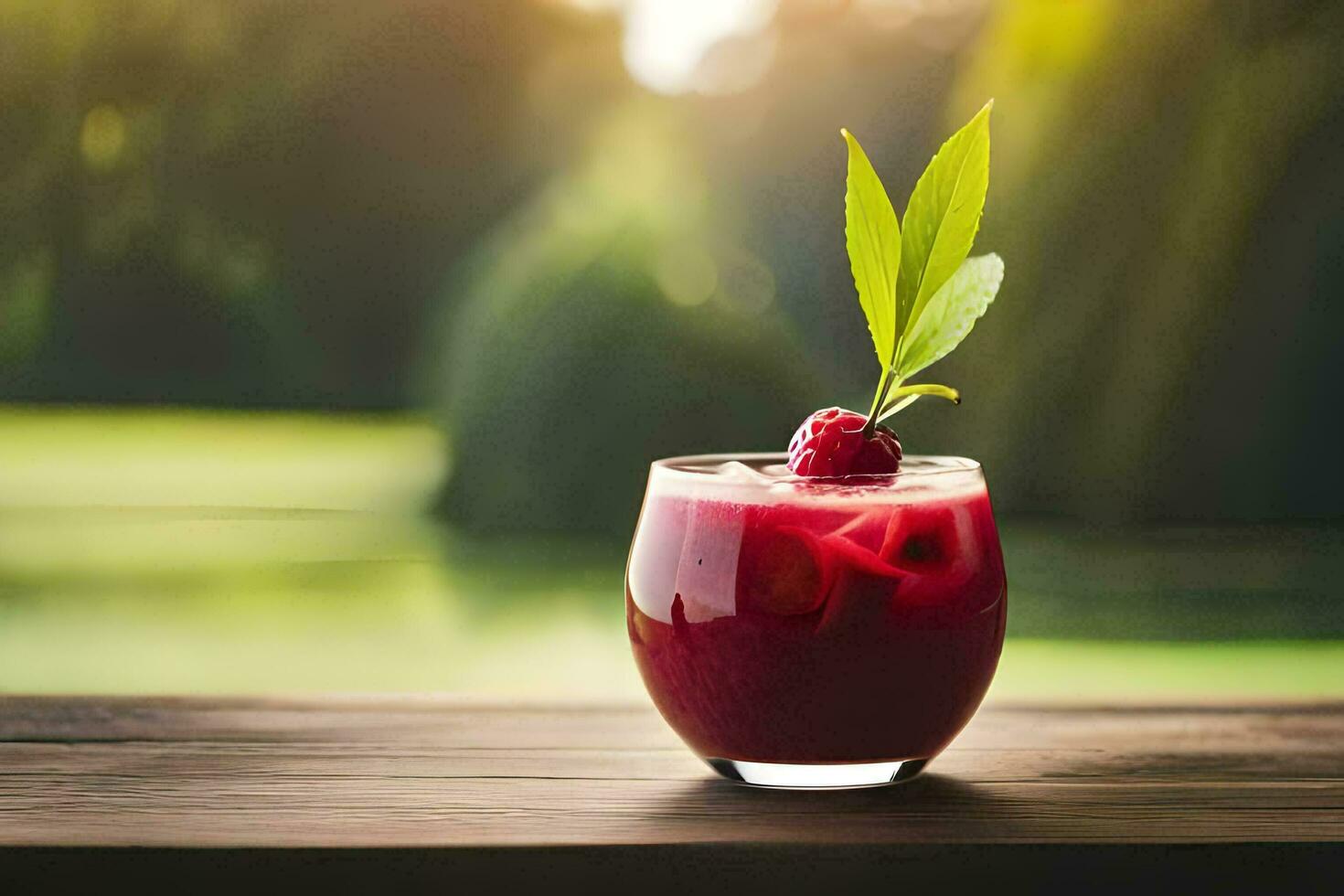 raspberry juice in a glass on a wooden table. AI-Generated photo