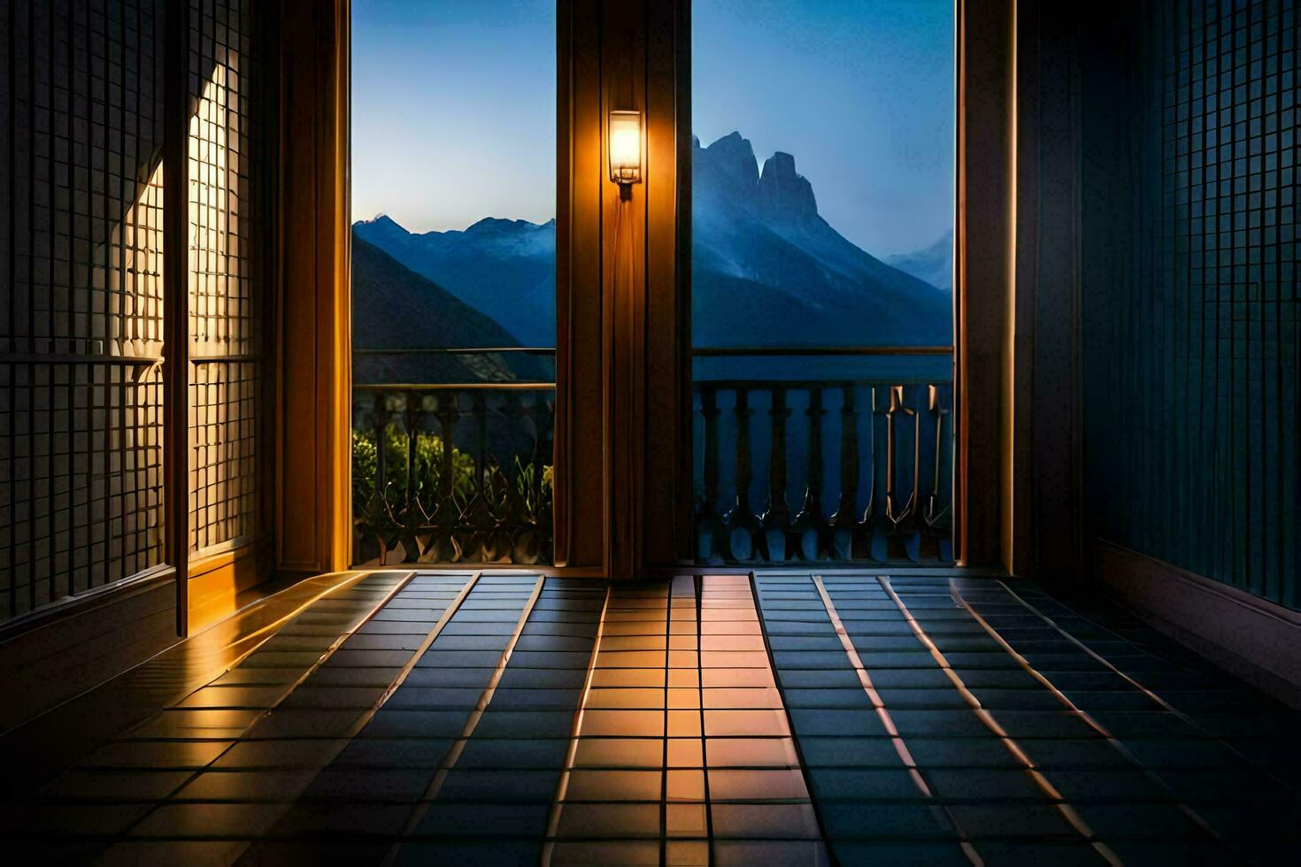 a room with a light shining through the door and a view of mountains. AI-Generated photo