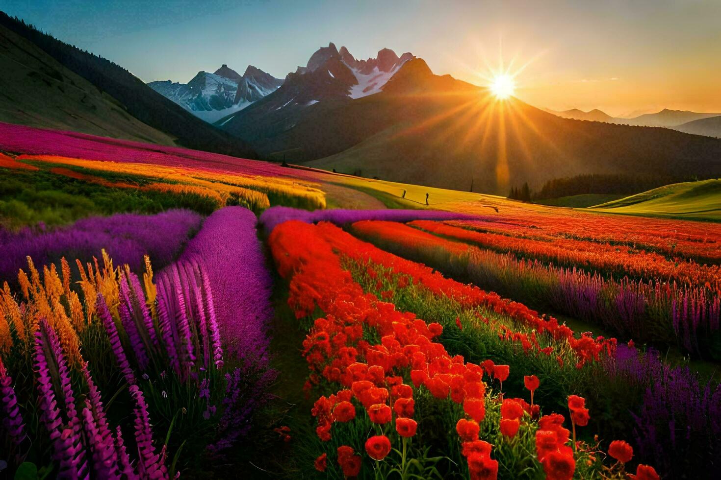 the sun rises over a field of flowers and mountains. AI-Generated photo