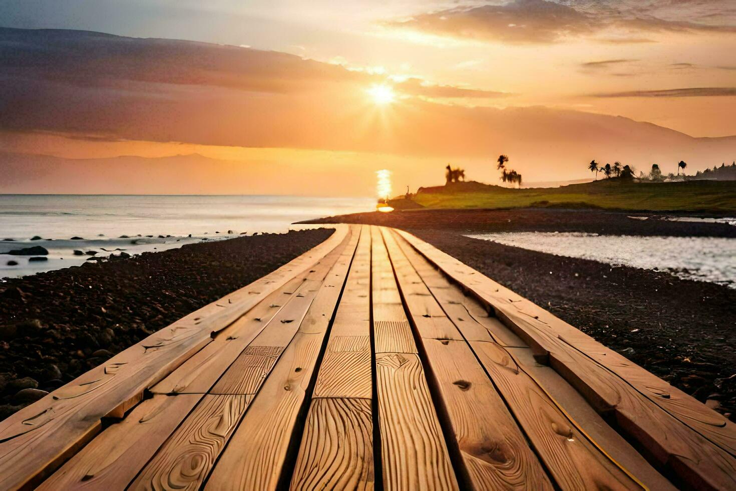 a wooden boardwalk leads to the ocean at sunset. AI-Generated photo