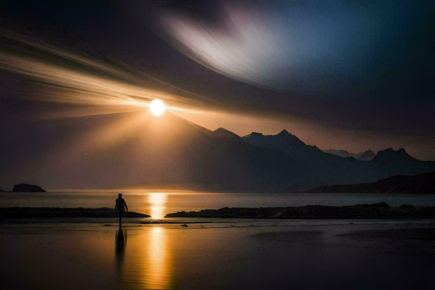 a man standing on the beach at sunset with the sun shining through the clouds. AI-Generated photo