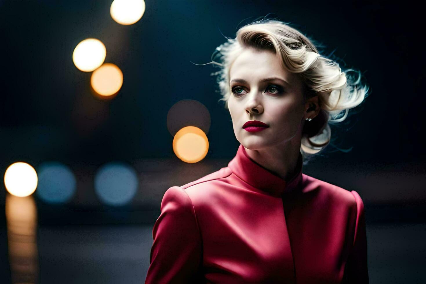 a woman in red jacket standing in the dark. AI-Generated photo