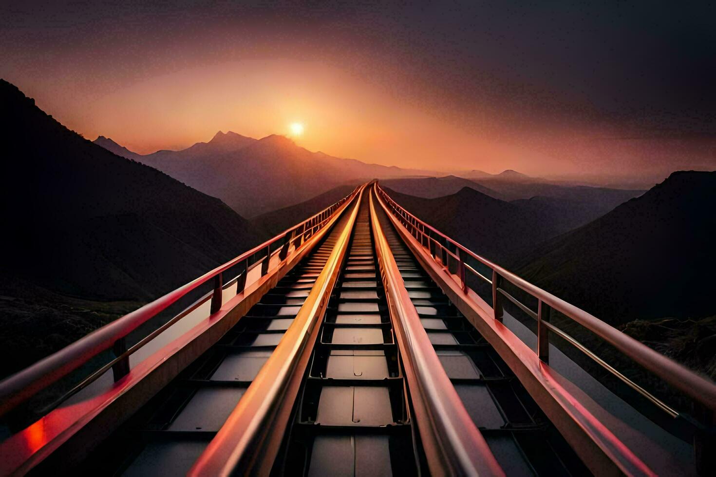 un tren pista yendo mediante el montañas a puesta de sol. generado por ai foto