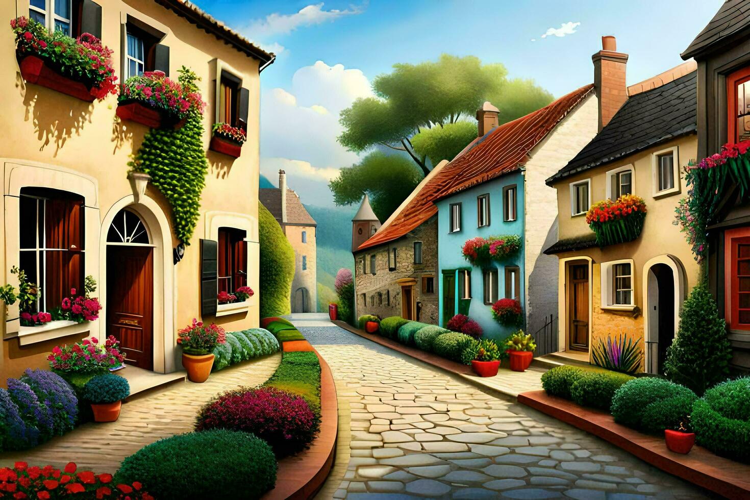 a painting of a street in a small town. AI-Generated photo