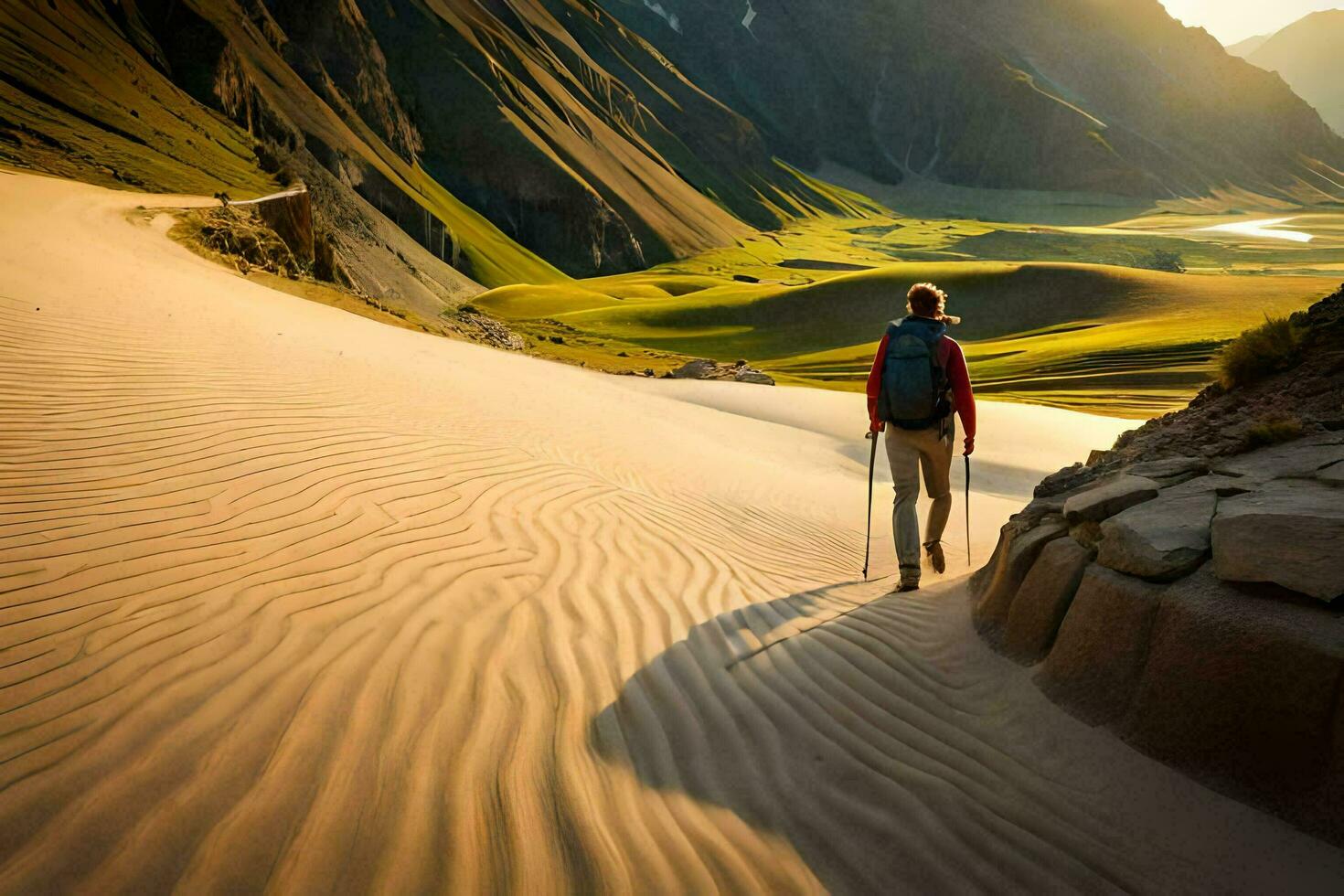 a man walking through the sand dunes in the mountains. AI-Generated photo