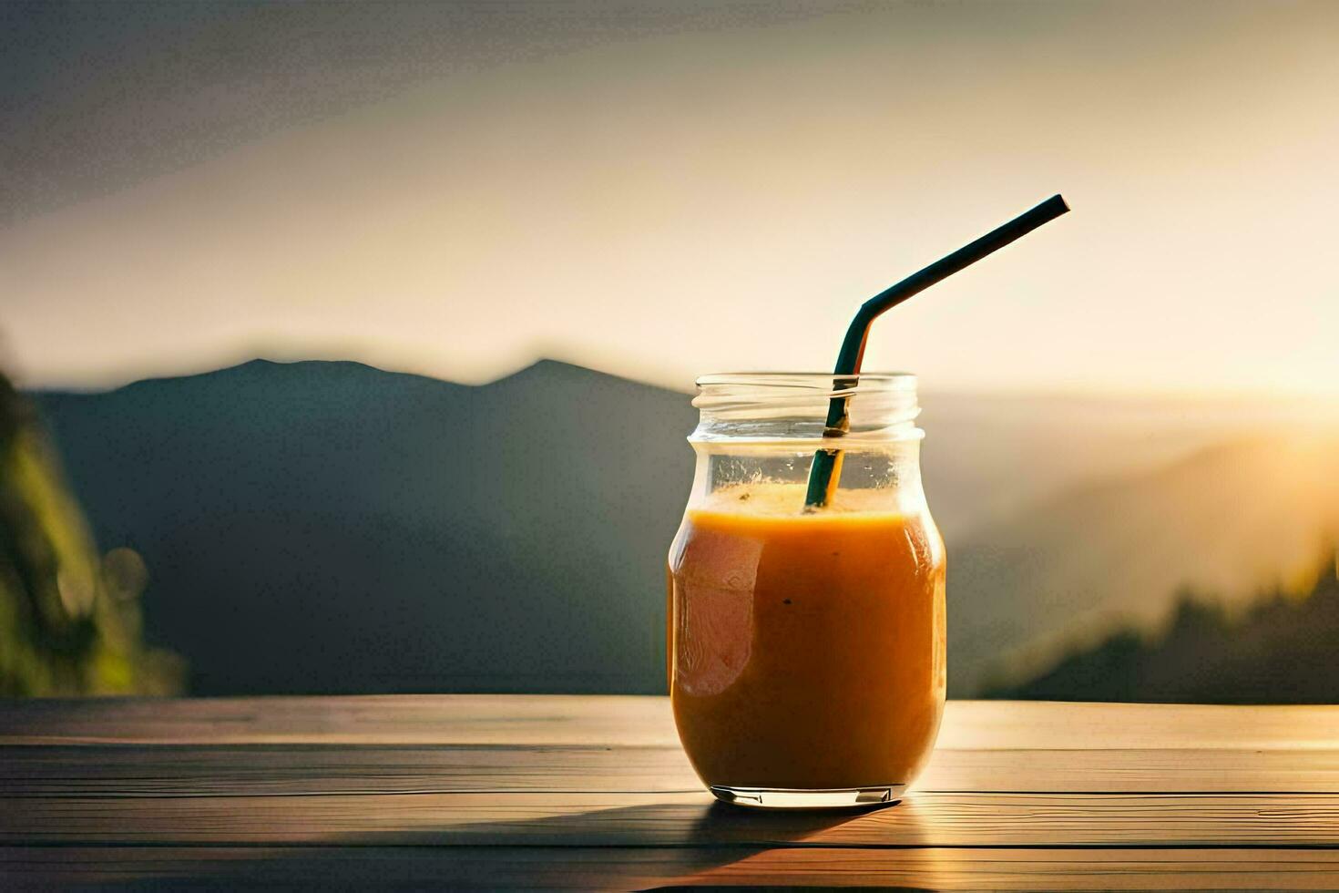 a glass of orange juice on a table with mountains in the background. AI-Generated photo