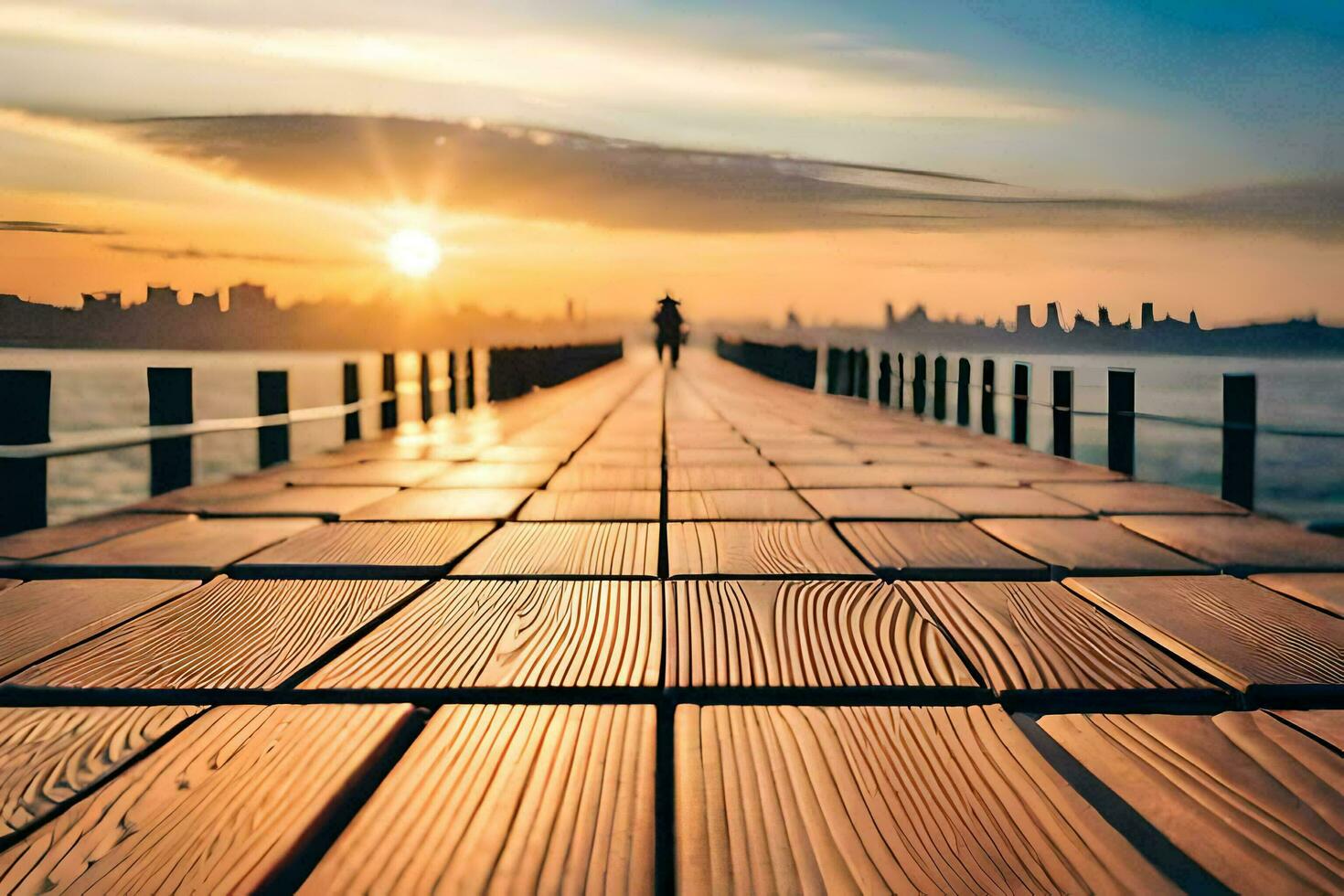 a wooden bridge leads to the sea at sunset. AI-Generated photo